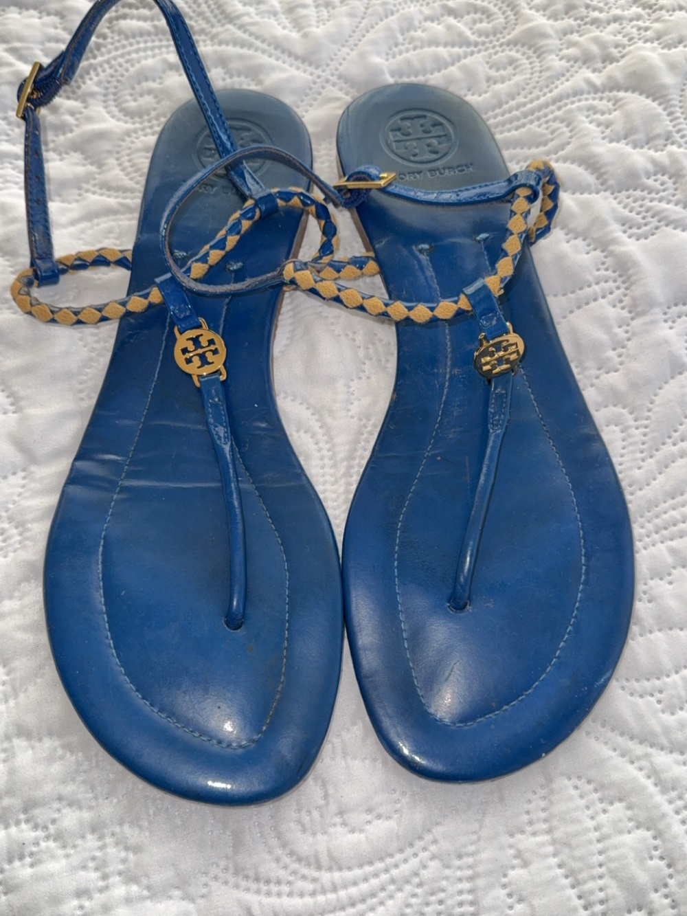 Tory Burch Royal Blue Leather Braided T-Strap Sandals with Gold Logos
